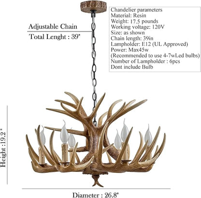 Antler Chandelier 6 Light, Rustic Style Antler Light Fixtures, E12 Base Deer Antler Chandelier Lighting for Home Store Bar (6 lamp arms + 3arm)