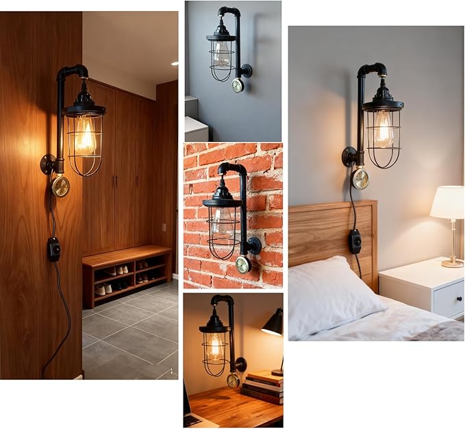 Steampunk Retro Industrial Wall Sconce, Dimmable Wall Mounted Plug in Light, Black Metal Cage Light Fixture with Clock, Vintage Style Sconce for Home, Office, Bedroom Bedside Lighting
