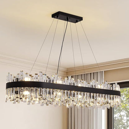 Siljoy Rectangle Black Crystal Chandelier, 20-Light Modern Rectangular K9 Crystal Raindrop Chandelier, Luxury Dimmable Crystal Ceiling Light for Living Dining Room Kitchen Entryway Foyer L52''