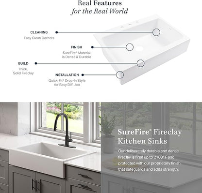 Sinkology Parker 34 Inch White Fireclay Quick-Fit Drop-In Kitchen Sink, Double Bowl, Apron Front, Undermount Installation, Fits 36 Inch Cabinet, Surefire Finish