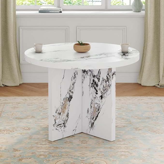 42" Solid MDF Island Table, Rustic Dining Table with Multi-Purpose, Farmhouse Dining Table with Modern Style for 4-6 Person Dining, White