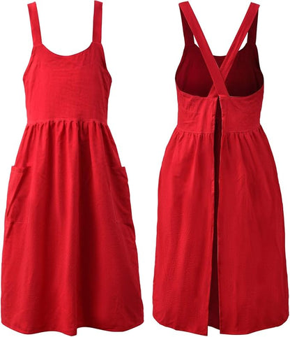 Uaussi Cotton Linen Apron Cross Back Work Apron for Women with Pockets Pinafore Dress X Cross Halter Apron for Chef Gardening
