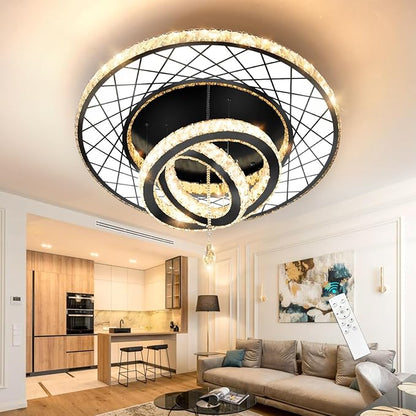 HAIXIANG Crystal Glam Chandelier LED Ceiling Light Dining Bedroom Interior Lighting Fixtures Remote Dimmable Ceiling Chandeliers 24 Inches Black Light