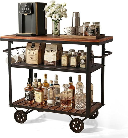 Farmhouse Mobile Cart with Wheels for Home Kitchen Industrial Rolling Food Cart Outdoor Vintage Wood and Metal Design Utility Cart in Office Coffee House 3 Tier with 2 Side Handle