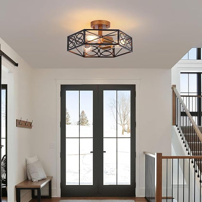Industrial Semi Flush Mount Ceiling Light Fixture, Retro Gold Close to Ceiling Light with Black Metal Hexagon Cage, Vintage Farmhouse 3-Light Ceiling Lamp for Kitchen, Hallway, Bathroom