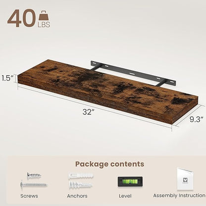 Vivelove Floating Shelves for Wall Mounted, 32 Inches Long Shelves, Display Shelf for Bathroom Living Room Kitchen Bedroom Office Farmhouse Home Decor, 32" X 9.3" X 1.5" - Set of 2, Rustic Brown