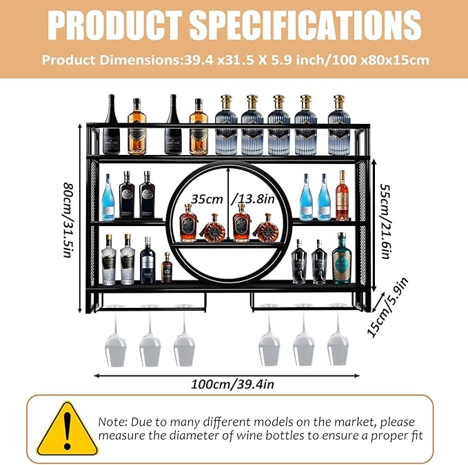 Metal Wine Rack Wall Mounted with LED Light, 3-Tier Bar Liquor Shelf with Wine Glass Holder, Modern Large Capacity Liquor Bottle Display Storage Shelf for Home Bar, Dining Room (Black, 100 * 80 * 15)