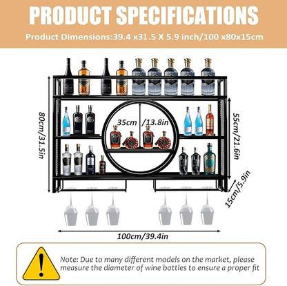 Metal Wine Rack Wall Mounted with LED Light, 3-Tier Bar Liquor Shelf with Wine Glass Holder, Modern Large Capacity Liquor Bottle Display Storage Shelf for Home Bar, Dining Room (Black, 100 * 80 * 15)