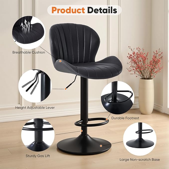 Sweetcrispy Bar Stools Set of 4, Modern Swivel Bar Chairs, Adjustable Fabric Upholstered Barstools Counter Height with Backrest for Bar, Kitchen Island, Dining Room, Black