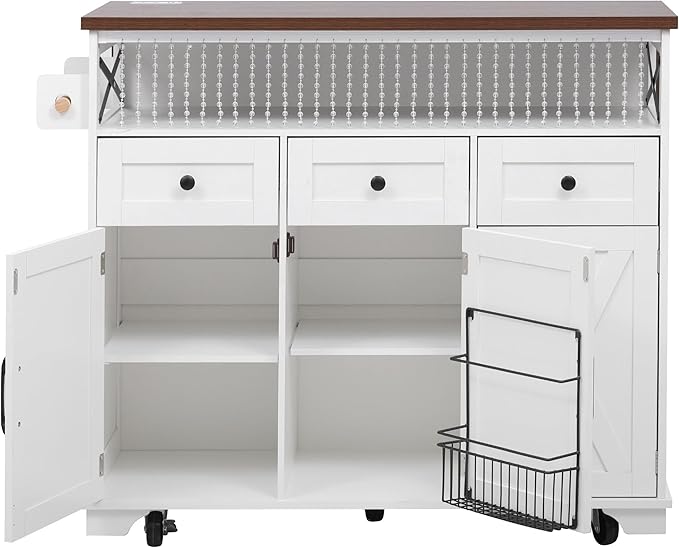 Ball & Cast Farmhouse Kitchen Island with Drape of Beads & Power Outlet, Rolling Kitchen Cart on 5 Wheels, 3 Drawers, Internal Iron Shelf & Towel Rack, for Kitchen & Dining Room, White