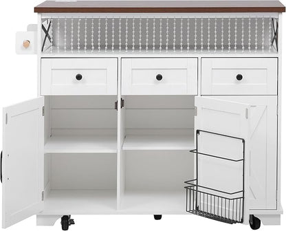 Ball & Cast Farmhouse Kitchen Island with Drape of Beads & Power Outlet, Rolling Kitchen Cart on 5 Wheels, 3 Drawers, Internal Iron Shelf & Towel Rack, for Kitchen & Dining Room, White