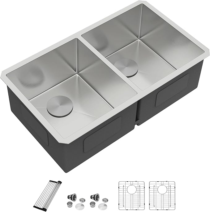 Dcolora 36" Extra Large Double Bowl Kitchen Sink Undermount 50/50 Split 16 Gauge 304 Stainless Steel Double Sinks, Round Corner 36"x19"x10" DC-U7740