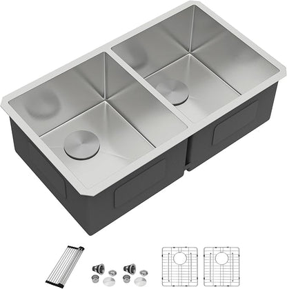 Dcolora 36" Extra Large Double Bowl Kitchen Sink Undermount 50/50 Split 16 Gauge 304 Stainless Steel Double Sinks, Round Corner 36"x19"x10" DC-U7740