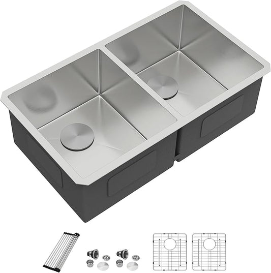 Dcolora 36" Extra Large Double Bowl Kitchen Sink Undermount 50/50 Split 16 Gauge 304 Stainless Steel Double Sinks, Round Corner 36"x19"x10" DC-U7740