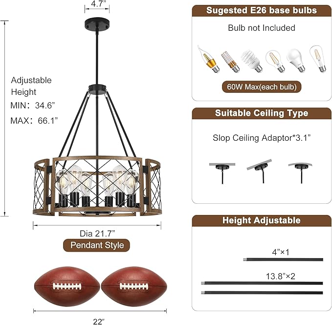 Sigaitwei 6-Light Large Farmhouse Chandelier Brown Rustic Chandelier for Dining Room Wood Texture Adjustable Pendant Light,Drum Chandelier for Kitchen Island Entryway Bedroom Hallway,21.7'',E26.