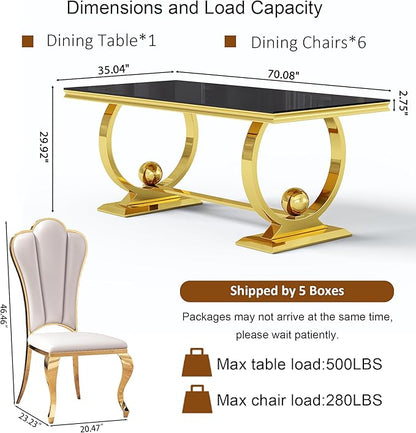 7-Piece Modern Luxury Dining Table Set, 70" Black Tempered Glass Kitchen Table with Gold Polished Stainless Steel U-Shaped Pedestal Base and 6 White Upholstered High-Back Side Chairs for Dining Room