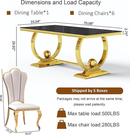 7-Piece Modern Luxury Dining Table Set, 70" Black Tempered Glass Kitchen Table with Gold Polished Stainless Steel U-Shaped Pedestal Base and 6 White Upholstered High-Back Side Chairs for Dining Room
