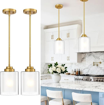 TENGXIN Modern Pendant Light,6-in Brushed Gold Modern Pendant Light for Kitchen Island,Hanging Ceiling Light Fixture,Farmhouse Pendant Lighting for Dining Room Bedroom Bar Office 2Pack,TXPLBG02-2PK-L