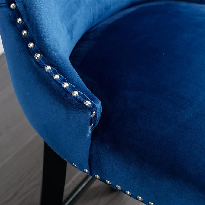 Rhomtree Elegant Button Tufted Upholstered Fabric Bar Stools with Nailhead Trim, Dining Side Chair, Leisure Padded Chairs with Solid Wooden Legs Home Kitchen Island Wooden Bar Chairs (Blue, Set of 4)