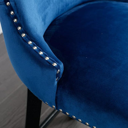Rhomtree Elegant Button Tufted Upholstered Fabric Bar Stools with Nailhead Trim, Dining Side Chair, Leisure Padded Chairs with Solid Wooden Legs Home Kitchen Island Wooden Bar Chairs (Blue, Set of 4)