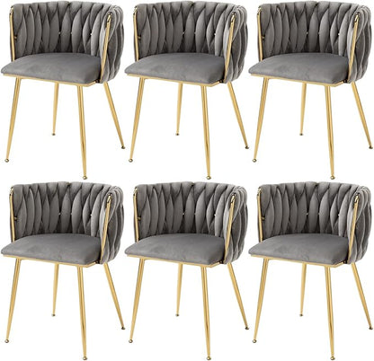 Nrizc Woven Dining Chairs Set of 6, Velvet Upholstered Dining Chairs with Gold Metal Legs, Modern Accent Chairs for Living Room, Dining Room, Kitchen (Grey)