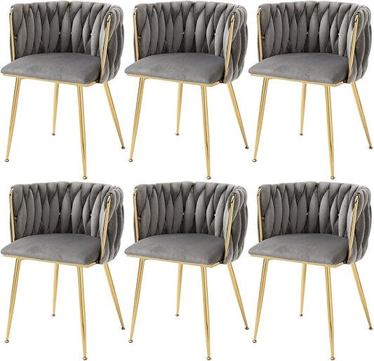 Nrizc Woven Dining Chairs Set of 6, Velvet Upholstered Dining Chairs with Gold Metal Legs, Modern Accent Chairs for Living Room, Dining Room, Kitchen (Grey)