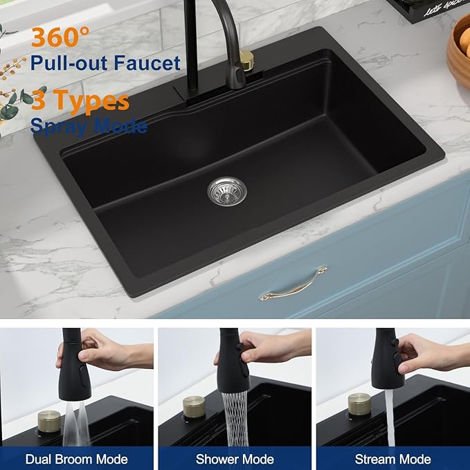 Sarlai Waterfall Kitchen Sink - 33 Inch Drop In Granite Composite Sink 33x22 Inch Topmount Workstation Sink Matte Black Kitchen Sinks Quartz Single Bowl Multifunction Sinks with Waterfall