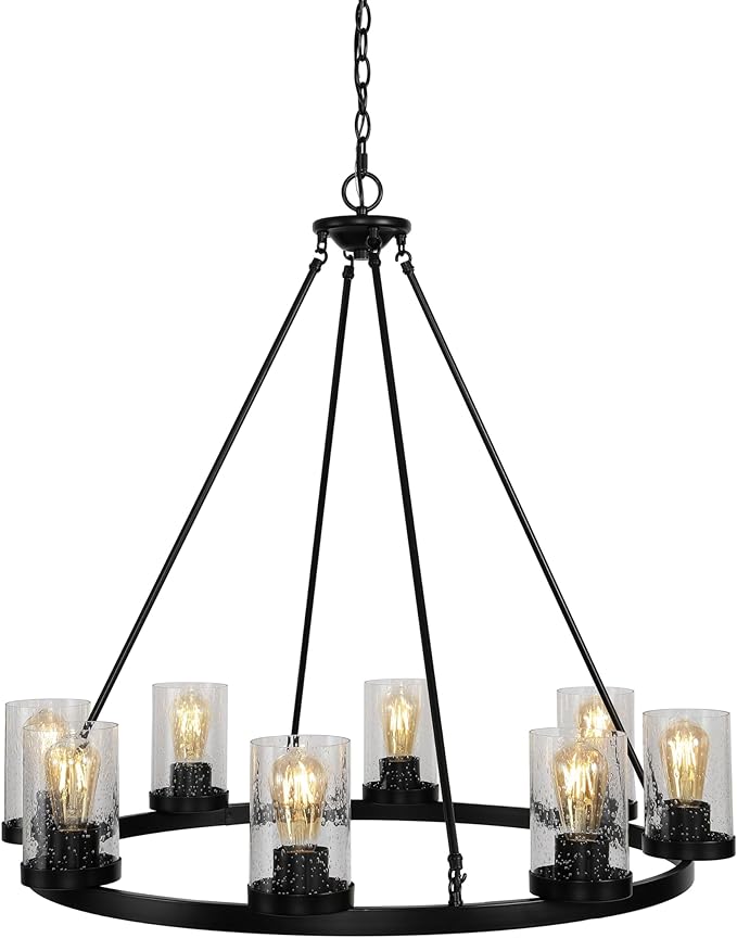 JONATHAN Y 33.5" Oil Rubbed Bronze 8-Light Rustic Farmhouse LED Chandelier, Round Metal Wagon Wheel Pendant Lighting for Dining Room Kitchen with Seeded Glass Shade (JYL7554A)