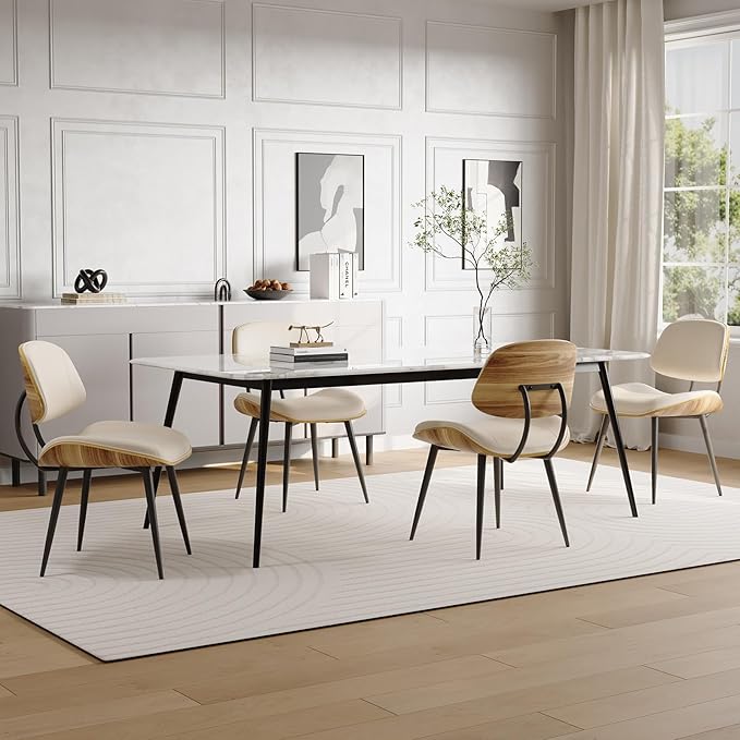 Mid Century Modern Dining Chairs Set of 6, PU Leather Armless Kitchen Chairs with Walnut Bentwood Back & Metal Legs, Sturdy Retro Accent Chairs for Dining Room, Living Room, Beige