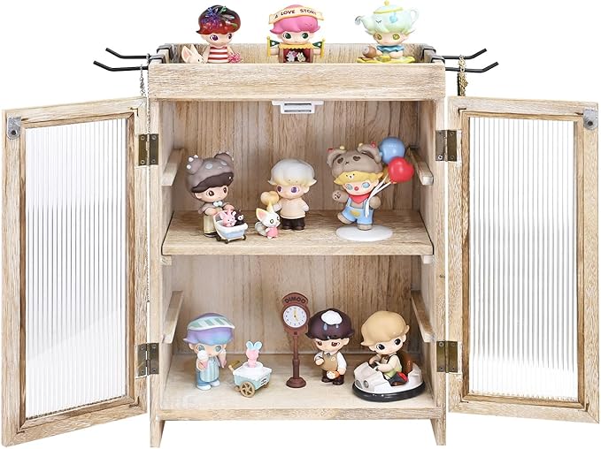 Ikee Design Wooden Countertop Storage Cabinet with Wavy Magnetic Door, Adjustable Shelves, Removable Hooks. Perfect for Perfume, Figurines, and Coffee Cups, Vintage White, 10.4 W x 6.1 D x 14.4 H in
