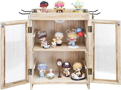 Ikee Design Wooden Countertop Storage Cabinet with Wavy Magnetic Door, Adjustable Shelves, Removable Hooks. Perfect for Perfume, Figurines, and Coffee Cups, Vintage White, 10.4 W x 6.1 D x 14.4 H in