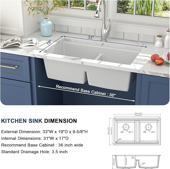 Lordear 33 Granite Composite Kitchen Sink Double Bowl White Granite Kitchen Sink Ledge Workstation 33"x19" White Undermount Double Bowl 50/50 Low Divide Quartz Classic Composite Under Counter Basin