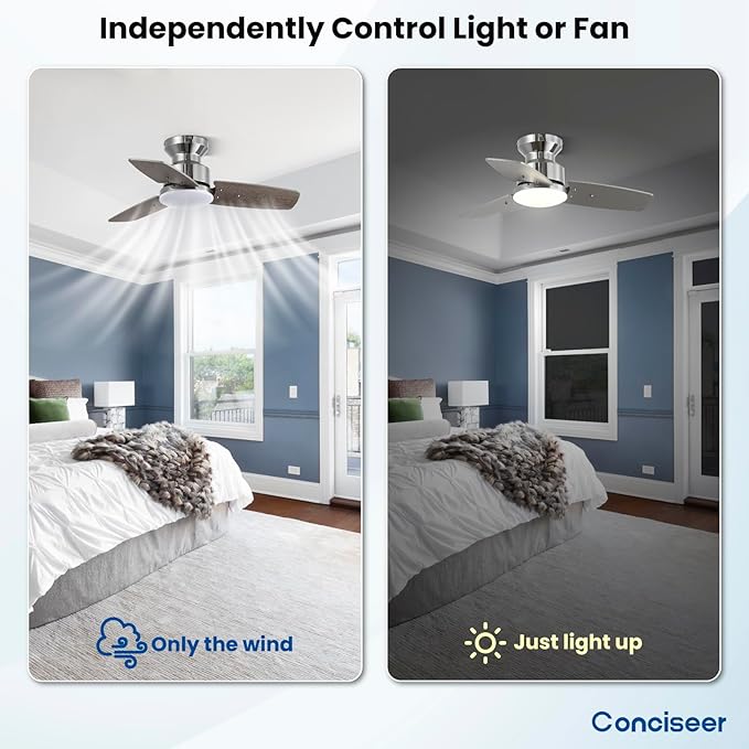 Conciseer 30 Inch Ceiling Fans with Lights and Remote, Bedroom Living Room Office, Flush Mount, 3CCT Dimmable, Dual Color 3 Blades 6 Speed Reversible Quiet DC Motor, Chrome-Plated/Wood Grain