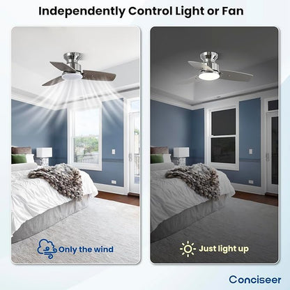 Conciseer 30 Inch Ceiling Fans with Lights and Remote, Bedroom Living Room Office, Flush Mount, 3CCT Dimmable, Dual Color 3 Blades 6 Speed Reversible Quiet DC Motor, Chrome-Plated/Wood Grain