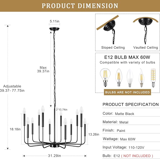 Modern Farmhouse Chandelier 12 Lights Large Black Chandeliers for Dining Room Light Fixture Rustic Pendant Lighting Fixtures Ceiling Candle Chandeliers for Living Room Kitchen Foyer Bedroom Hallway