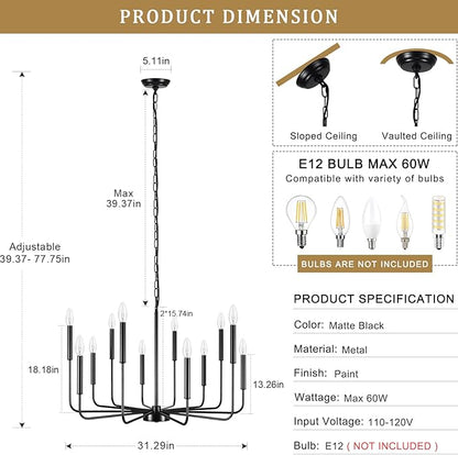 Modern Farmhouse Chandelier 12 Lights Large Black Chandeliers for Dining Room Light Fixture Rustic Pendant Lighting Fixtures Ceiling Candle Chandeliers for Living Room Kitchen Foyer Bedroom Hallway