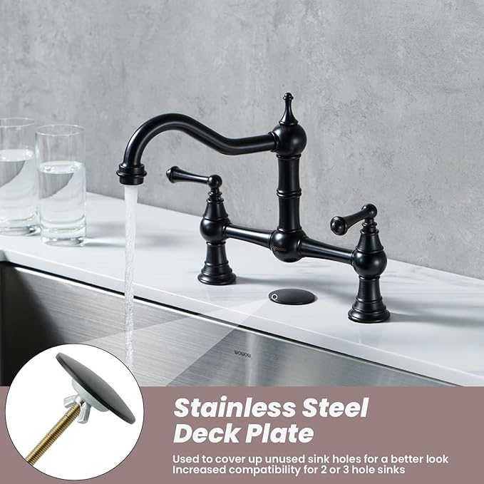 WOWOW Bridge Faucet for Kitchen Sink 2 or 3 Holes, Solid Brass Bridge Kitchen Faucet Oil Rubbed Bronze, 8 Inch Centerset Victorian Farmhouse Kitchen Sink Faucet