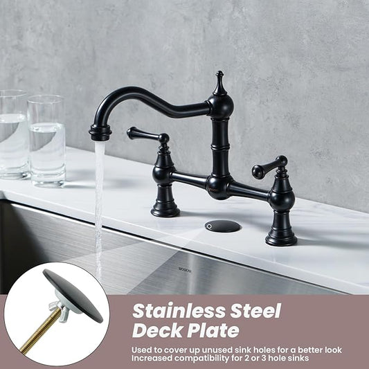 WOWOW Bridge Faucet for Kitchen Sink 2 or 3 Holes, Solid Brass Bridge Kitchen Faucet Oil Rubbed Bronze, 8 Inch Centerset Victorian Farmhouse Kitchen Sink Faucet