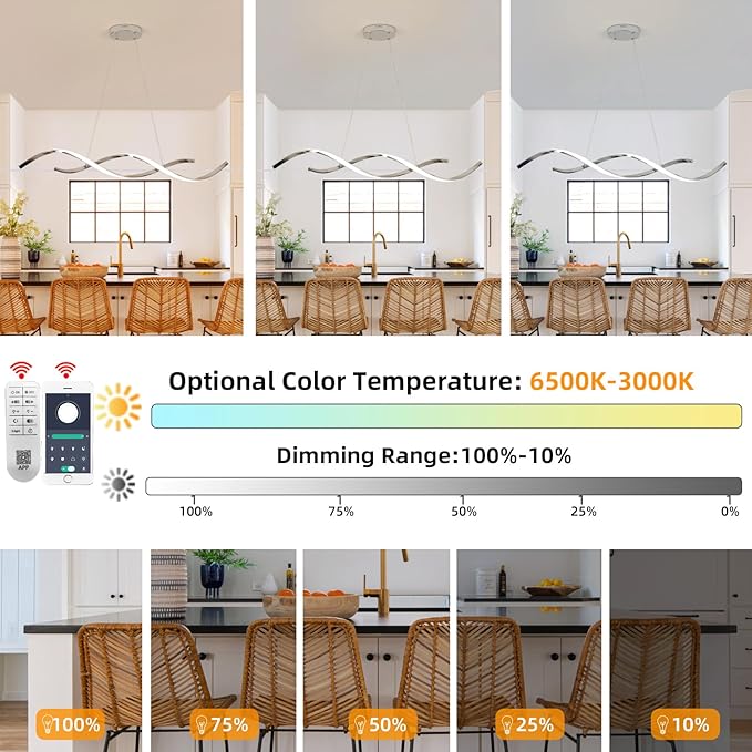 Dimmable Chrome Chandelier for Dining Room, Adjustable Height Pendant Light Fixtures Over Table, Modern Kitchen Island Lighting, 42.9in 31W (Chrome 42.9")