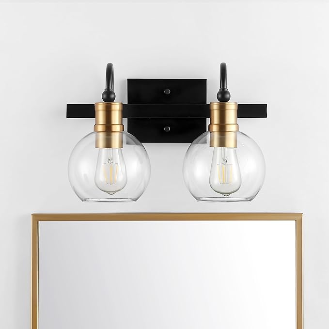 JONATHAN Y 14.5" Black/Brass Gold Vintage Wall Sconce, LED Vanity Light for Bathroom Bedroom Entryway, Clear Glass Globe Shade, Modern Industrial Arched Lamp, LED Bulb Included (JYL3527A)