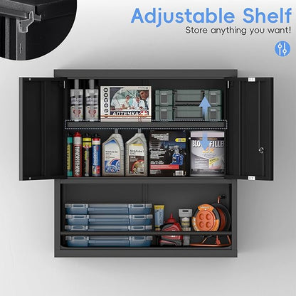 Metal Garage Storage Cabinets, Lockable Black Cabinet, Tool Cabinets Storage Wall Mounted, Hanging Cabinet with Guard Bar for Home Office, Basement