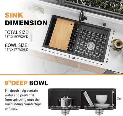 Black 33"x19" Kitchen Sink Workstation - 50/50 Double Bowl Stainless Steel Undermount Kitchen Sink Built-in Ledge Drop In Workstation Sink For Placing/Sliding Accessories-Cutting Board,Drying Rack