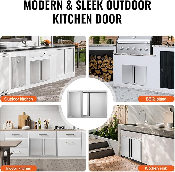 VEVOR Double Outdoor BBQ Kitchen Door, 28" W x 19" H Inch, Stainless Steel Flush Mount Vertical Door with Recessed Handles for Grilling Station