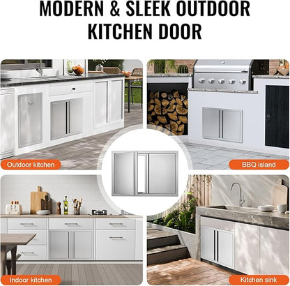VEVOR Double Outdoor BBQ Kitchen Door, 28" W x 19" H Inch, Stainless Steel Flush Mount Vertical Door with Recessed Handles for Grilling Station
