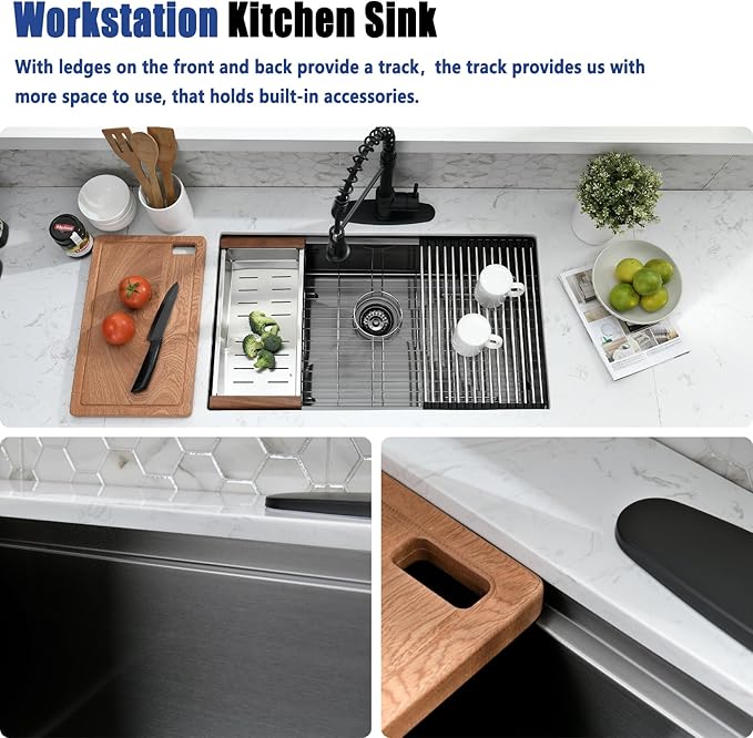 27 Inch Black Undermount Kitchen Sink with Faucet Combo - 27x19 Black Stainless Steel Workstation Sinks Single Bowl Kitchen Sink Undermount with Accessories