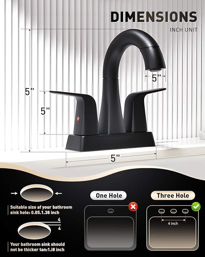 ‌BRAVEBAR Matte Black Bathroom Faucet 4 Inch Centerset 3 Hole, 2 Handle Faucet with Heat-Resistant Pull-Out Sprayer, 360° Swivel Spout & Pop-Up Drain, BF-116B