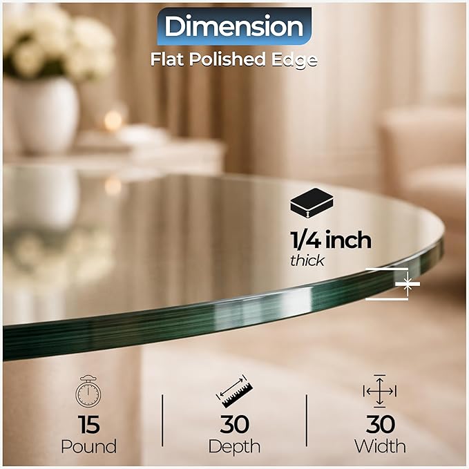 30" inch Round Tempered Glass Table Top - 1/4 inch Thickness & Flat Polished Edge - Clear Surface & Scratch Resistant - Ideal for Dining Room, Kitchen, Side, Office, Patio & Round Coffee Tables