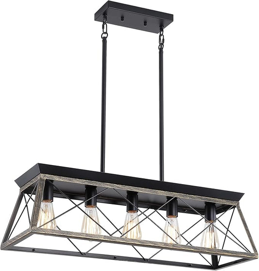 5-Light Pendant Lights Fixture, Farmhouse Chandeliers for Dining Room, Rustic Island Lights for Kitchen, Rectangular Chandelier Rustic Farmhouse Light Fxiture Gold&Black