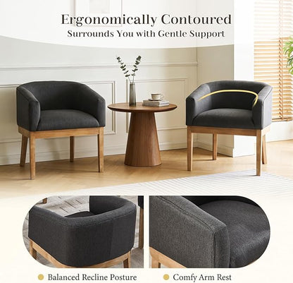 Barrel Dining Chairs Set of 6, Mid Century Modern Farmhouse Kitchen Chairs with Wood Legs, Linen Upholstered Accent Chair with Arms for Living Room/Bedroom, Grey