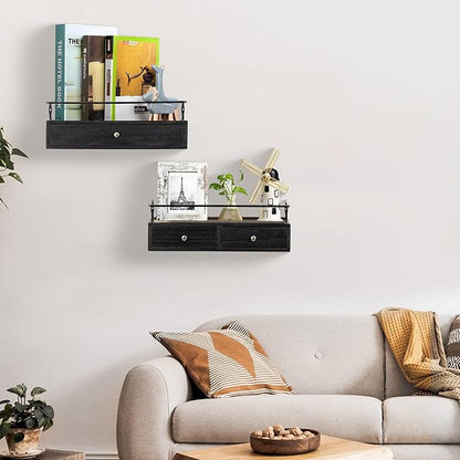 DreamPossible Floating Shelves - Wall Mounted Bathroom Shelf Set of 2 with Drawers, Rustic Wood Shelves for Bedroom, Living Room, Kitchen, Home Decor, Plants, Books (Black)
